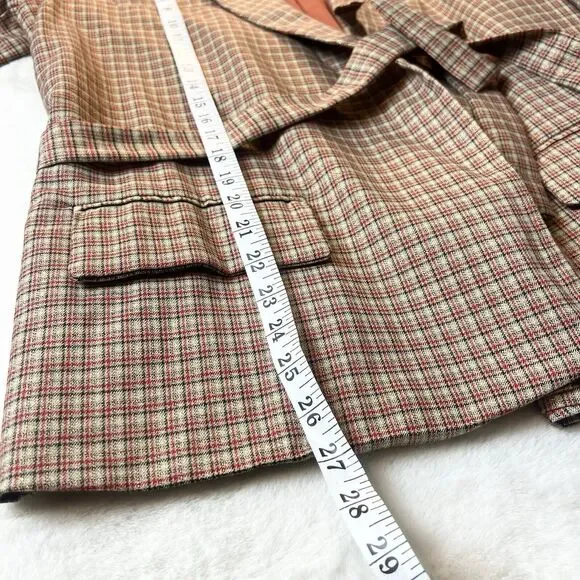 FRNCH Paris Plaid Blazer Jacket Tan Red Black Belted Women’s M - Picture 10 of 12